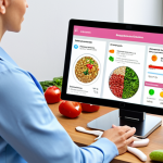 **Modern Dietetics - Personalization & Tech:** A female dietitian in a bright, modern office conducting an online consultation. On her screen, clearly visible elements of personalized nutrition like a dynamic display of genetic markers or a colorful gut microbiome analysis, alongside a user-friendly food tracking app interface. The image should convey professionalism, advanced technology, and a deep focus on individual client needs.