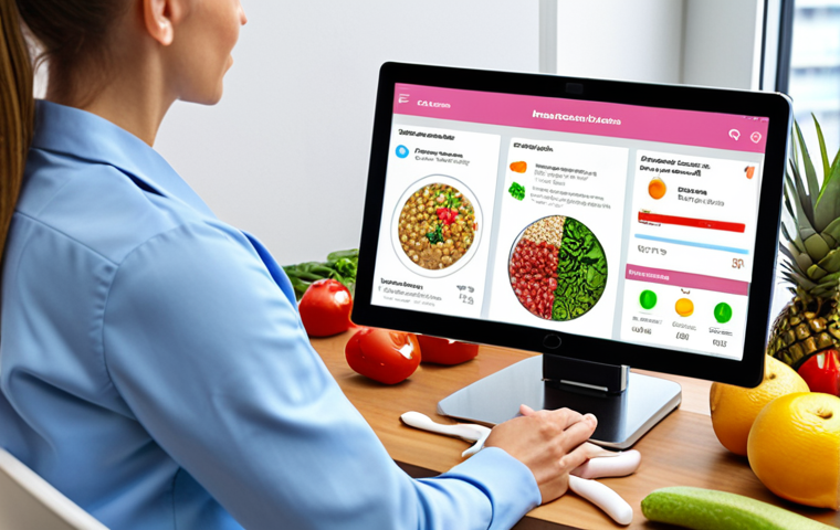 **Modern Dietetics - Personalization & Tech:** A female dietitian in a bright, modern office conducting an online consultation. On her screen, clearly visible elements of personalized nutrition like a dynamic display of genetic markers or a colorful gut microbiome analysis, alongside a user-friendly food tracking app interface. The image should convey professionalism, advanced technology, and a deep focus on individual client needs.