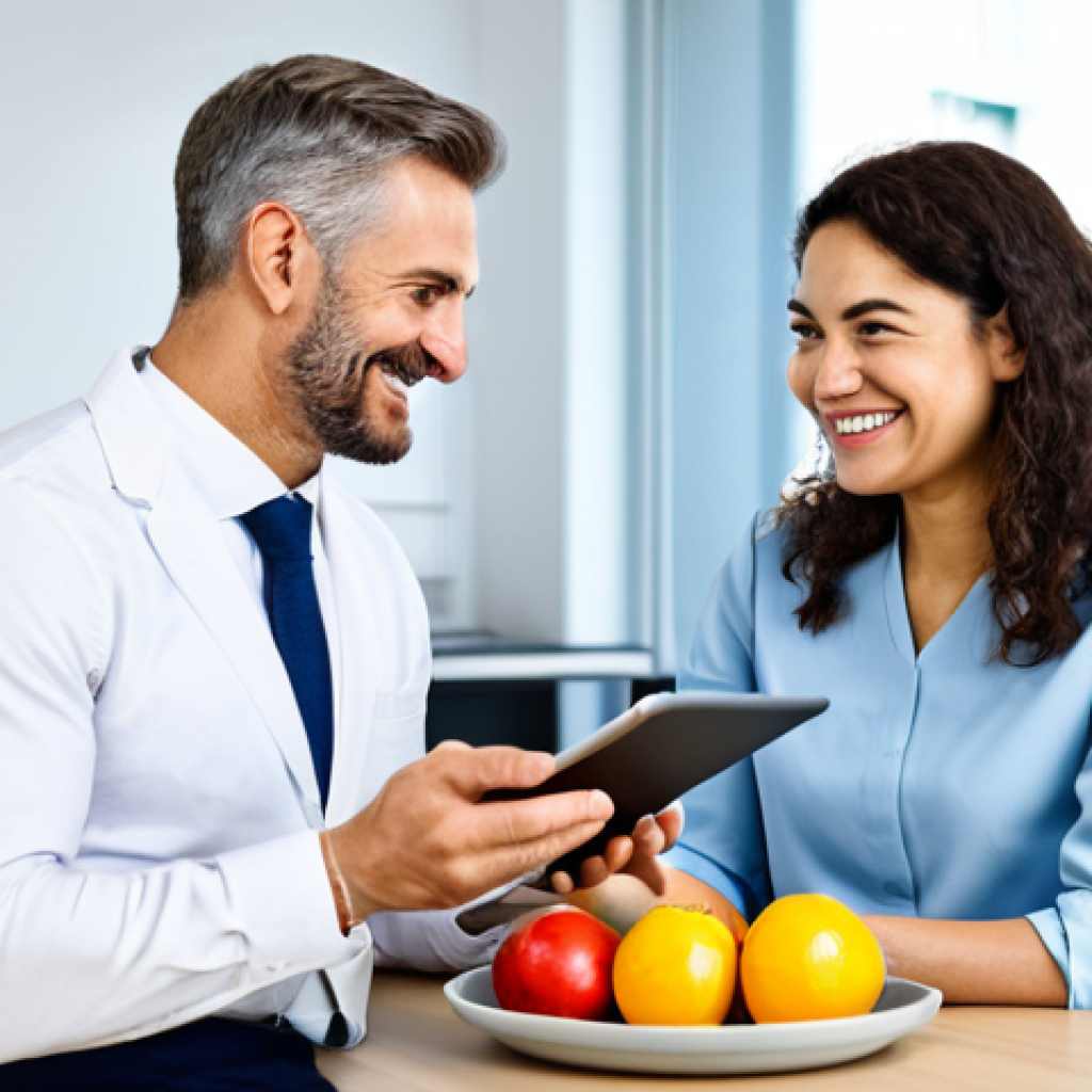 Modern Dietitian Consultation**

"A professional registered dietitian, fully clothed in appropriate business attire, consults with a client in a bright, modern office. The dietitian is explaining a personalized nutrition plan using a tablet displaying microbiome analysis results. The client is smiling and engaged. The scene includes healthy food options like fruits and vegetables. Safe for work, appropriate content, perfect anatomy, natural proportions, well-formed hands, professional, family-friendly, modest clothing."

**