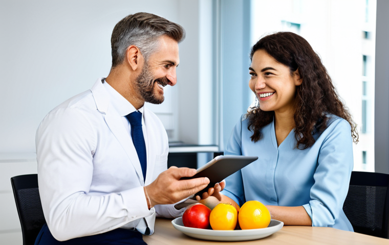 Modern Dietitian Consultation**
"A professional registered dietitian, fully clothed in appropriate business attire, consults with a client in a bright, modern office. The dietitian is explaining a personalized nutrition plan using a tablet displaying microbiome analysis results. The client is smiling and engaged. The scene includes healthy food options like fruits and vegetables. Safe for work, appropriate content, perfect anatomy, natural proportions, well-formed hands, professional, family-friendly, modest clothing."
**