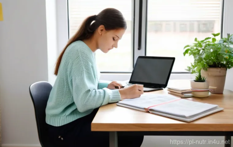 영양사 실기시험 꿀팁 - **Prompt 1: Focused Study and Organization**
    "A young adult female (mid-20s), a dietetics studen...