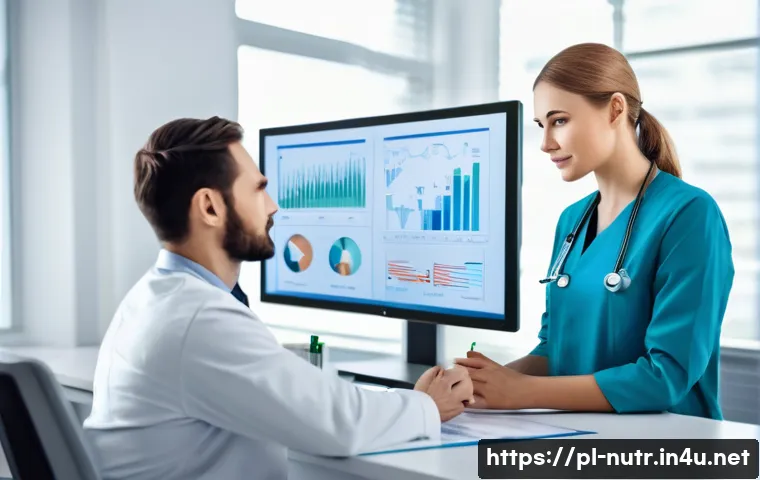 영양사 직업에 대한 오해와 진실 - A professional clinical dietitian consulting with an adult patient in a modern medical office, surro...