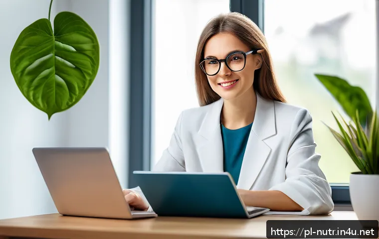 영양사 자격증 재취득 과정 - A professional dietitian attending an online webinar at home, surrounded by nutrition textbooks and ...